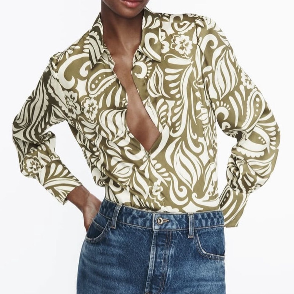 BNWT ZARA Green Floral Print Collared Print Shirt Size XS